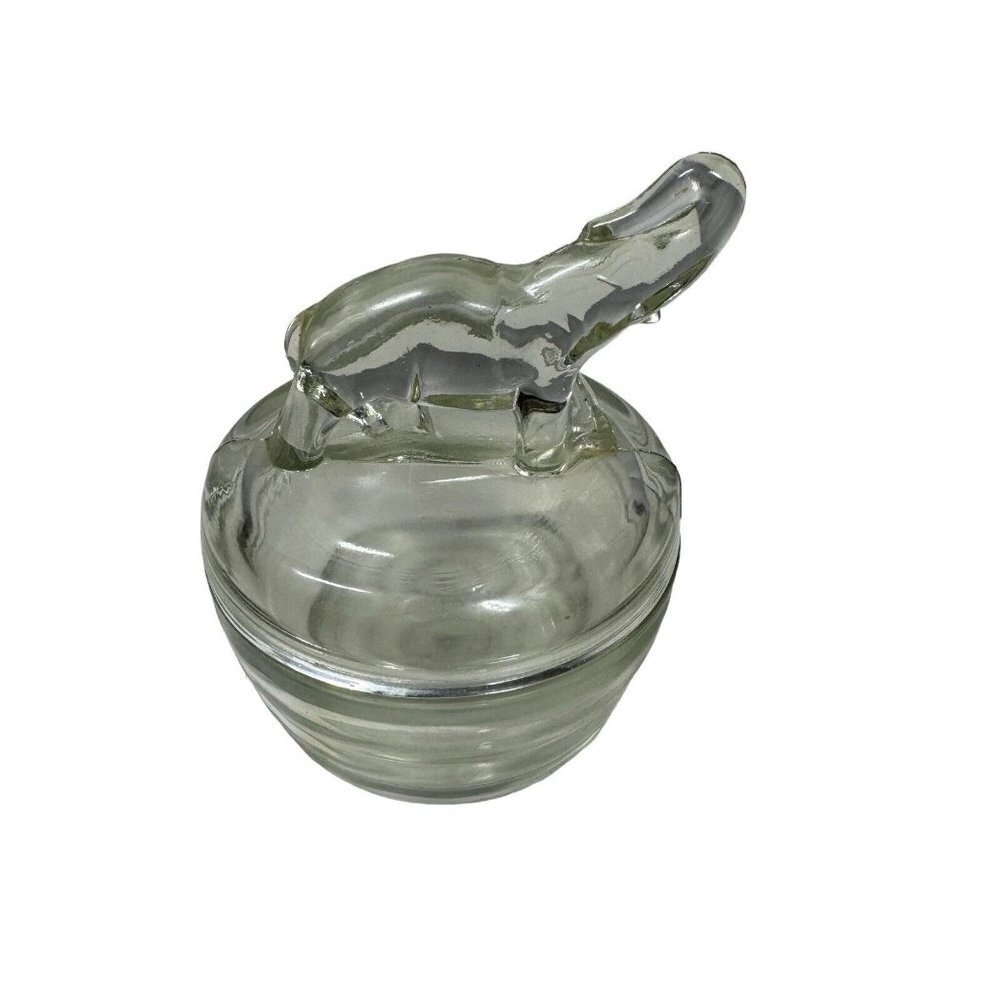 Vintage Jeanette‎ Glass Powder Jar Elephant Lid Trunk Up Luck Glass Trinket Dish